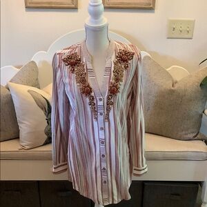 Soft Surroundings White and Brown Embellished 3/4 Sleeve Blouse